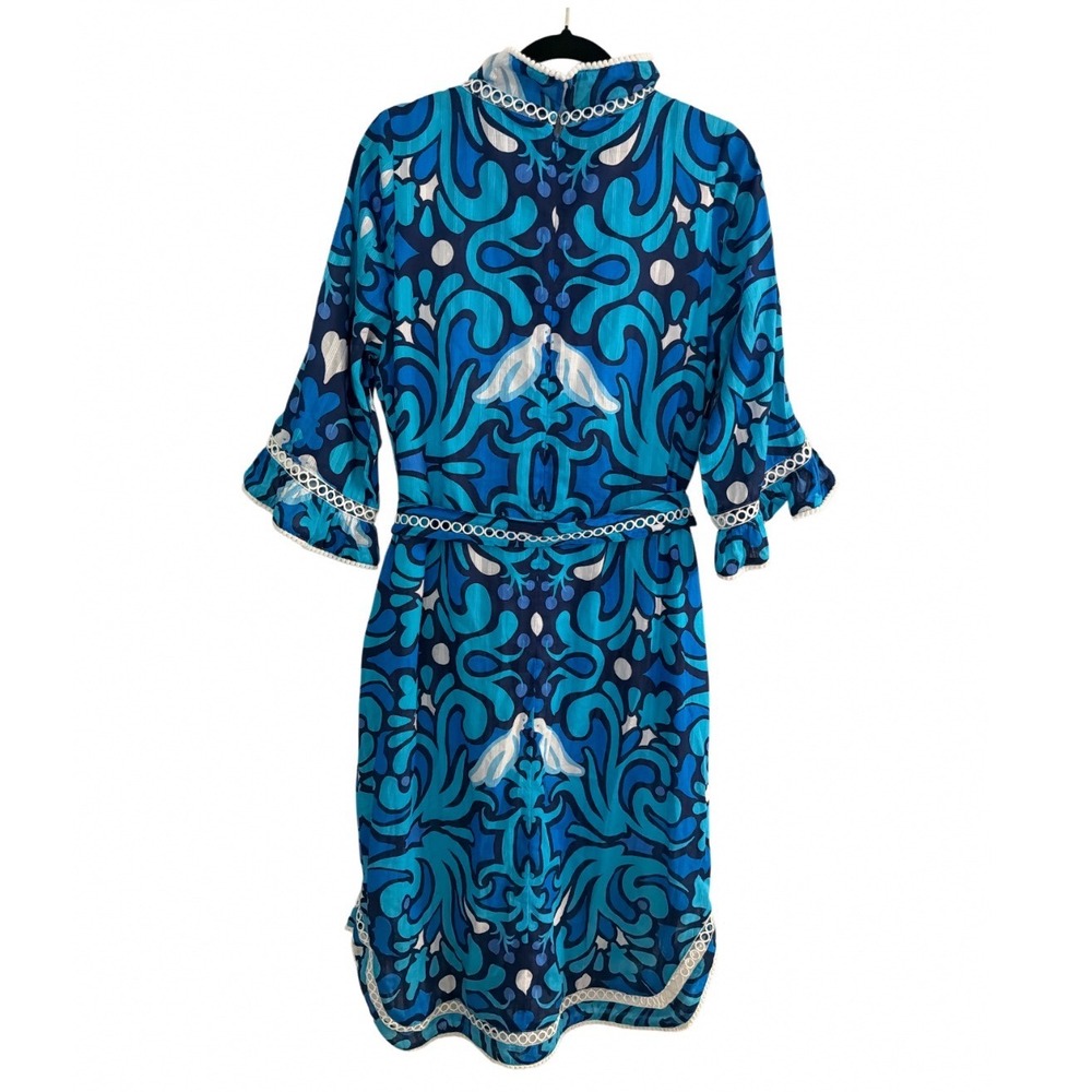 Lesley Evers Blue Paisley Cotton Midi Dress Eyelet Trim Pockets Large - Picture 6 of 14